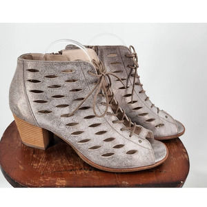 Paul Green Bali Metallic Lace Up Stacked Heel Sandal‎ Booties Size 7.5